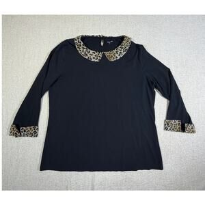 Garnet Hill Women XL Black Leopard Print Princess Collar 3/4 Sleeve Top Casual